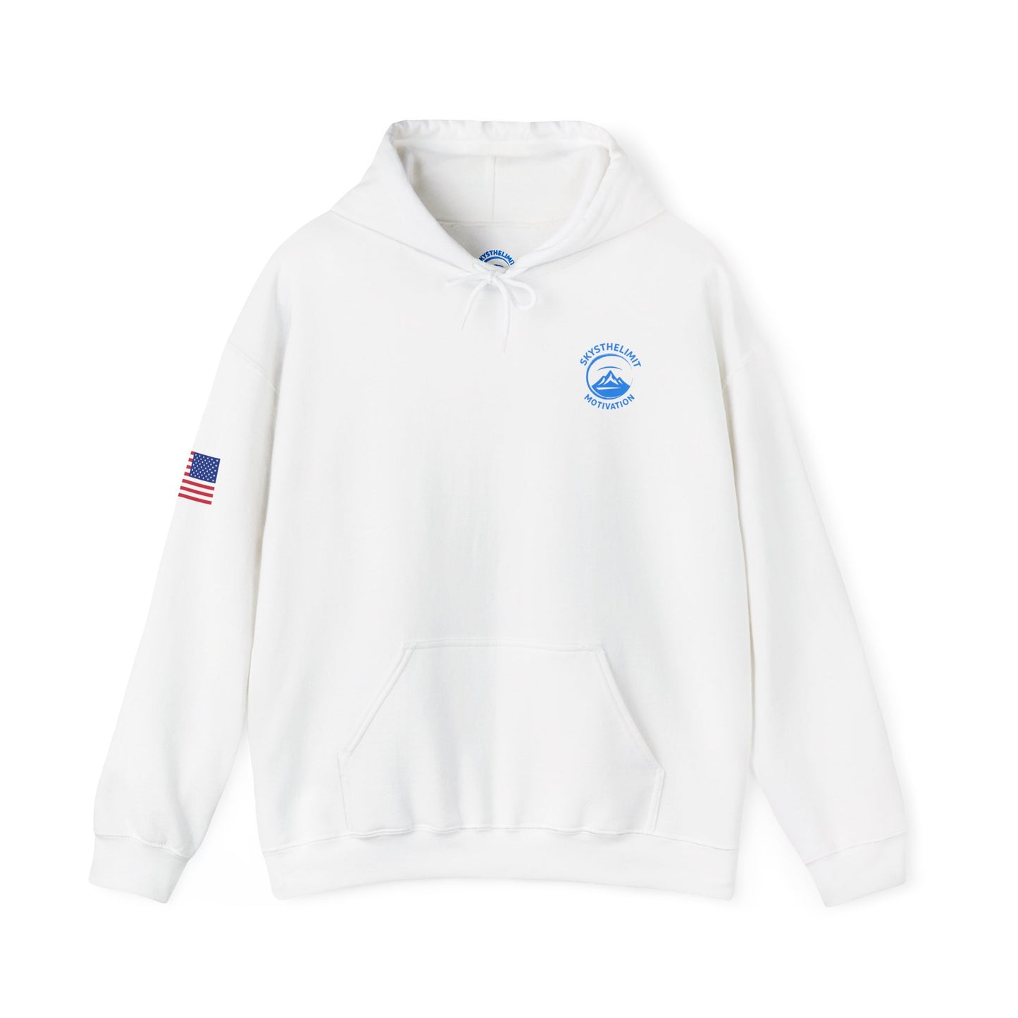 Motivational Unisex Hoodie with Mini Logo & American Flag, White Pullover